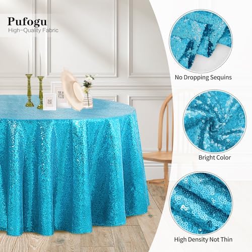 Pufogu 50" Round Turquoise Sequin Tablecloth Glitter Turquoise Blue Table Cloths for Birthday Wedding Bridal Baby Shower Party Decorations - Image 3
