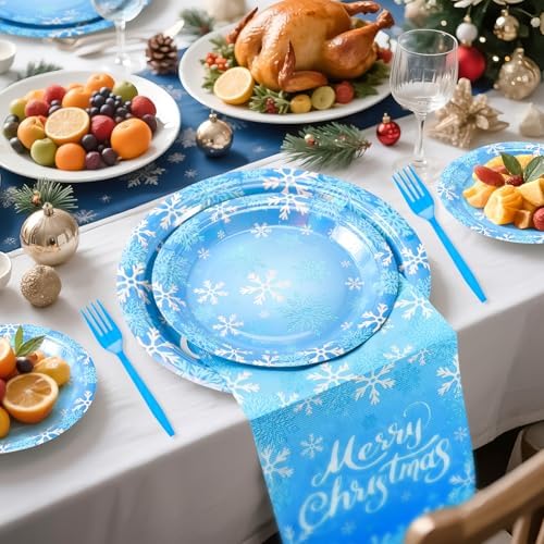96PCS Blue Christmas Plates Napkins Forks for Party Decorations, Set of 24 Snowflakes Merry Christmas Disposable Tableware Supplies, Blue White Paper Plates for Christmas Party - Image 5