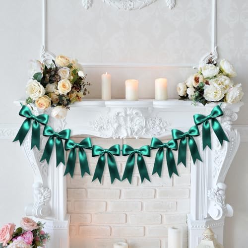 2 Strings of 16PCS Dark Green Bow Garlands Banner Decoration,Pre-Strung Satin Ribbon Ornaments for Birthday,Bachelorette Party,Bridal Shower,Wedding,Engagement,Baby Shower,Graduation Decor,Anniversary - Image 5