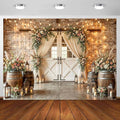 10X8Ft Country Wedding Photography Backdrop Brick Stone Wall Backdrop Photography Country Farmhouse Barn Door Floral Birthday Baby Shower Wedding Bridal Party Banner Photo Booth Props Background by Viajar