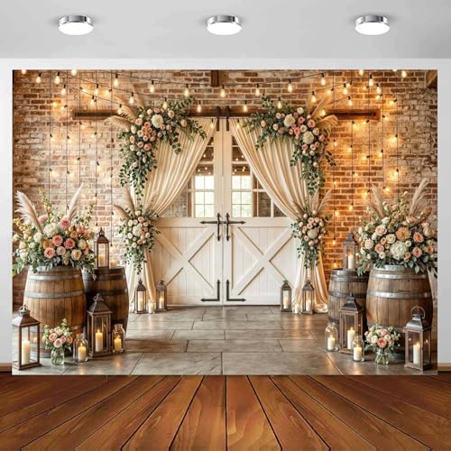 10X10Ft Country Wedding Photography Backdrop Brick Stone Wall Backdrop Photography Country Farmhouse Barn Door Floral Birthday Baby Shower Wedding Bridal Party Banner Photo Booth Props Background by Viajar