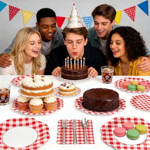 150Pcs Red Gingham Paper Plates and Napkins Party Supplies for 50 Guests - Image 5