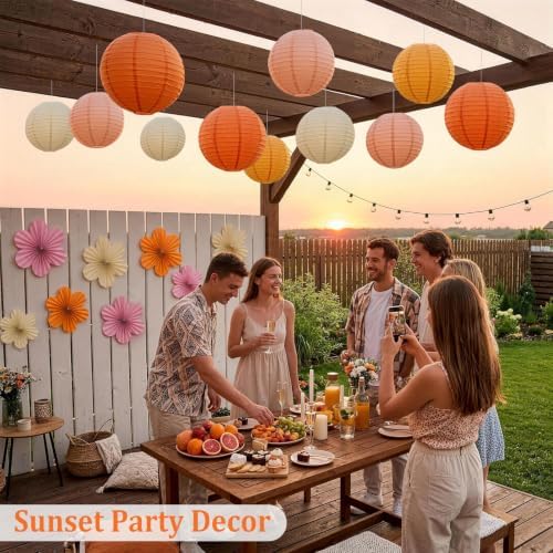 Sunset Party Decorations, 18Pcs Hanging Paper Lanterns & Flower Fans Set - Image 2