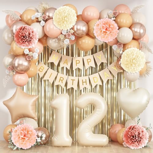 Beige Happy 12th Birthday Party Decoration Girls Cream Number 12 Balloon by KAINSY