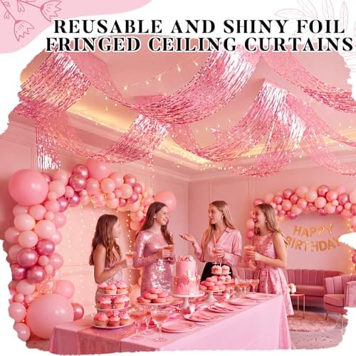 Breling 4 Pcs Pink Ceiling Fringe Curtains, Metallic Foil Drapes, 15 ft - Image 6