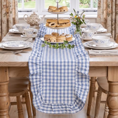 Artoid Mode Light Blue Farmhouse Plaid Gingham Ruffle Table Runner, Seasonal Scalloped Summer Kitchen Dining Table Decoration for Home Party Decor 13x48 Inch - Image 2