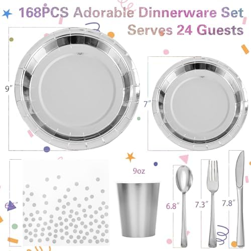 Silver Plates Party Supplies Disposable Dinnerware Set,168pcs Silver Paper Plates and Napkins for Graduation Holiday Disco Birthday Party Decorations Serves 24 - Image 3