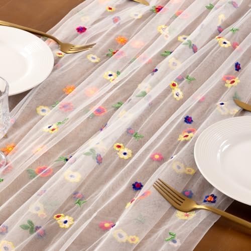 Flower Table Runner Fall Daisy Floral Tulle Cheesecloth Wedding Decor - Image 4