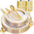 Ciaell 150PCS Clear Gold Plastic Plates - Disposable Gold Rim Plates include 25Dinner Plate, 25Dessert Plate, 25Forks, 25Knives, 25Spoons, 25Cups for Wedding & Party by Ciaell