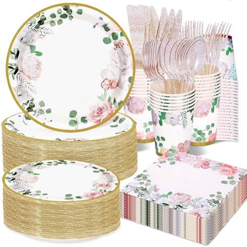 350 PCS Floral Plates and Napkins Party Supplies Serve 50 Flower Disposable Paper Dinnerware Sets for Adults Bridal Shower Decorations Baby Shower Birthday Wedding Engagement Tea by AWLZJZQA
