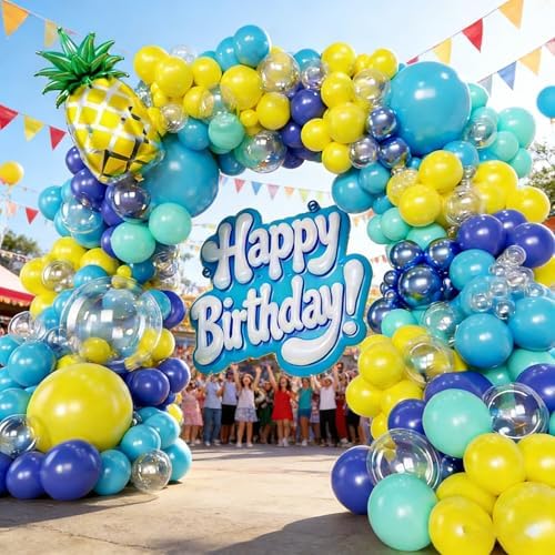 160pcs Cartoon Sponge Balloons Garland Arch Kit, Birthday Decorations Yellow Blue Clear Metallic Blue Teal Balloons and Pineapple Balloon Arch for Cartoon Birthday Baby Shower Party Decor - Image 7