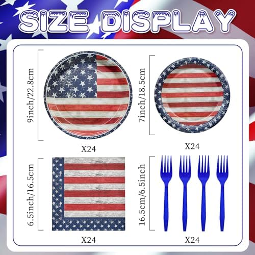 96 Pieces 4th of July Plates and Napkins Set, Vintage American Flag Disposable Tableware with Paper Plates Napkins and Forks for BBQ Picnic Party, Serves 24 - Image 2