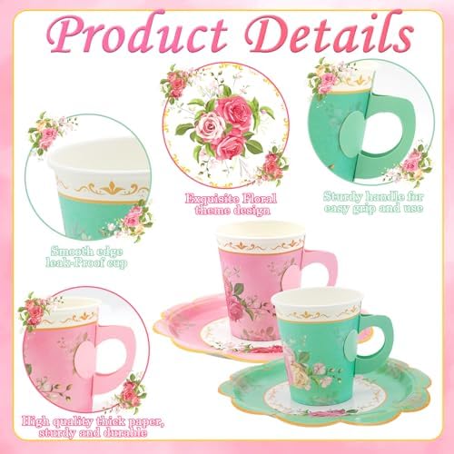 200Pcs Floral Tea Cups and Saucers for Tea Party Supplies, Disposable Tea Cups with Handle and Paper Napkins Dinnerware for Floral Theme Birthday Wedding Bridal Shower Baby Shower（Pink Green） - Image 4