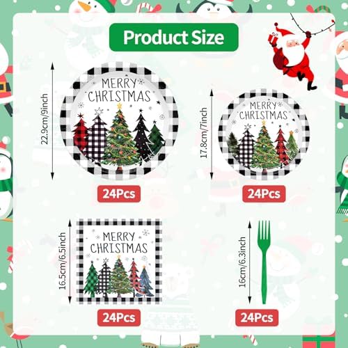 96 Pieces Christmas Tree Tableware Party Supplies – Black and White Buffalo Plaid Disposable Dinnerware with Paper Plates, Napkins, and Plastic Forks for Rustic Winter Celebration – Serves 24 - Image 2