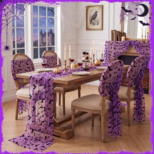 Remagr 3 Pcs Halloween Table Runner Flocked Lace, Bat Table Decor 30"x70" - Image 5