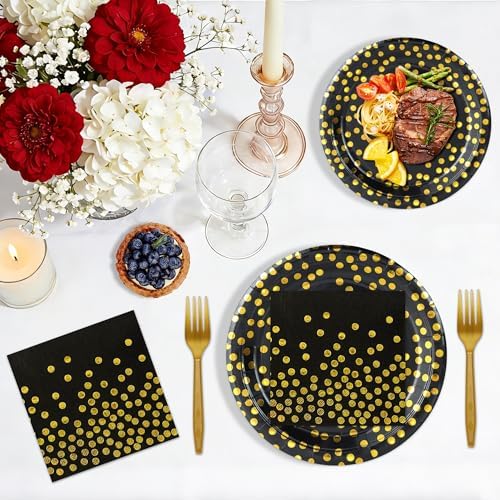 100 Pcs Black and Gold Paper Plates and Napkins Party Supplies,Serves 25 Guests Black Gold Plates and Napkins,Disposable Paper Tableware Set for Birthday Graduation Retirement Decorations - Image 5