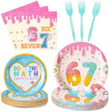 GaofanWai Ice Cream Drip 7 Tableware - 24 Pack Desert Donut Disposable Paper Plate Napkin Fork Six Seven Themed Birthday Party Tableware for Kids, Funny 6 7 Meme Party Decoration for Girl, 24 Guests by GaofanWai