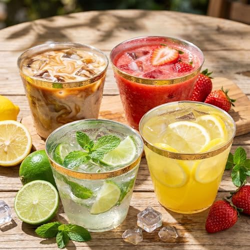 I00000 200 Pack Gold Plastic Cups, 9 OZ Elegant Gold Rimmed Plastic Cups - Image 3