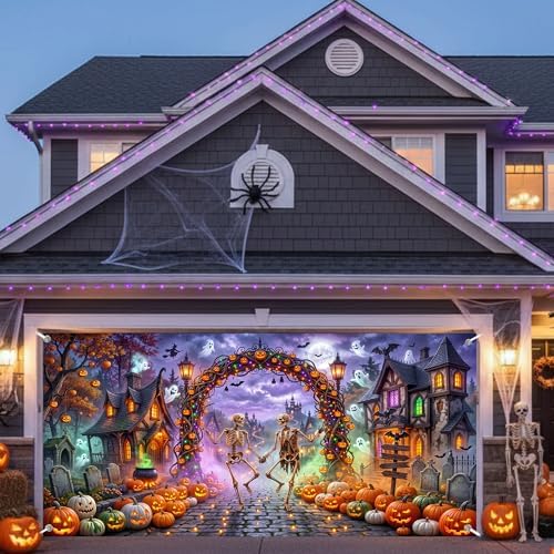 Halloween Garage Door Cover 13x6ft Dancing Skeleton Pumpkin Arch Ghost - Image 7