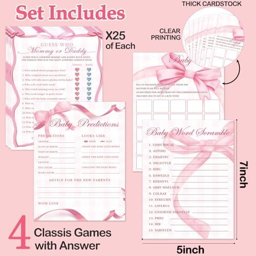 Pink Bow Baby Shower Games for Girl, 4 Games for 25 Guests, Guess Who Mommy or Daddy, Word Scramble for Baby Shower Decorations - Image 2