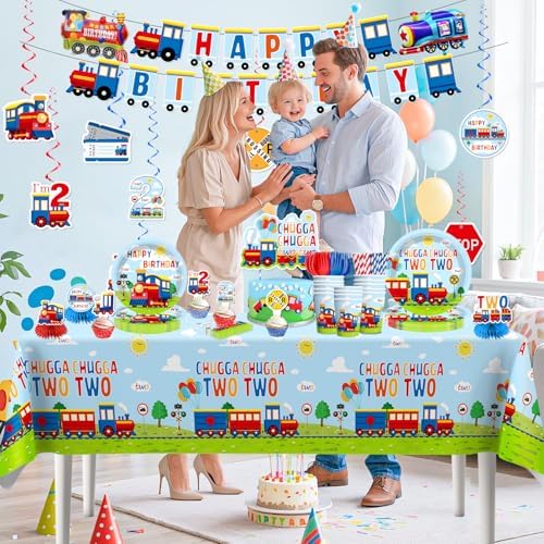 202Pcs Chugga Chugga Two Two Party Decorations Serves 25 Guests, 2nd Birthday Decorations for Boys Include Banner, Plates, Tablecloth, Balloons, Cake Topper, Cupcake Toppers, Train Birthday - Image 2