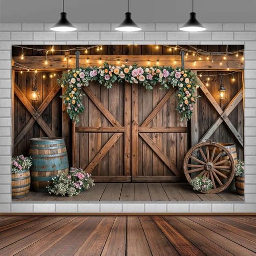 7x5ft Country Wedding Photography Backdrop Rustic Barn Door Photography Backdrop Farmhouse Pink Flower Cabin Wooden Birthday Baby Shower Wedding Bridal Party Banner Photo Booth Props Background by Mtsxfy