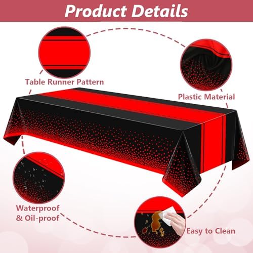 LANLISA Red and Black Tablecloth Party Decorations 2 Pack, Disposable Plastic Table Cloths for Birthday Graduation Retirement Masquerade Party Decor - Image 5