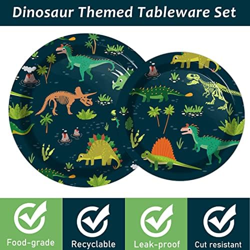 Tevxj 96PCS Dinosaur Tableware Set Fossil Dinosaur World Dinnerware Disposable Plates Dinosaur Theme Party Plates Napkins Forks for Dino Birthday Shower Party Decorations Supplies 24 guests - Image 3