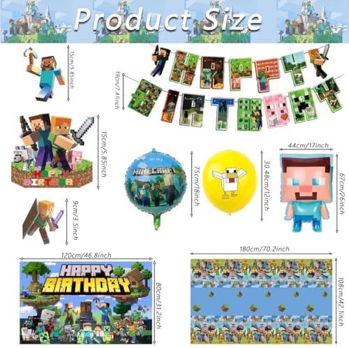 For Pixel Party Supplies, 55 PCS Birthday Decorations Set Include Banner, Balloons,, Hanging Swirls, Cake Cupcake Toppers, Tablecloth for Boys Girls Pixel Theme Party - Image 3