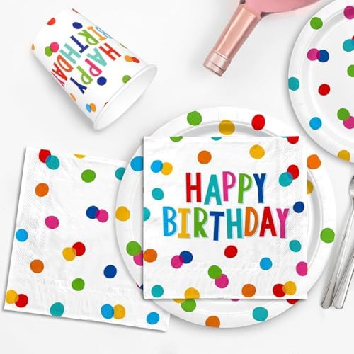 Birthday Party Supplies Set for 25 Guests, Polka Dot Happy Birthday Decorations Kit with Plates, Napkins, Cups, Tablecloth, Banner & Balloons, Colorful Unisex Party Decor - Image 2