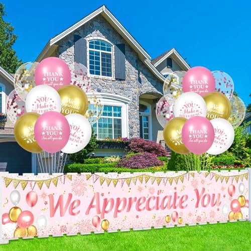 We Appreciate You Decorations Pink Gold Appreciate You Banner Yard Sign with 18 Pcs Balloons Thank You for All You Do Banner Employee Staff Appreciation Gifts Teacher Doctor Appreciation Party Decor - Image 5