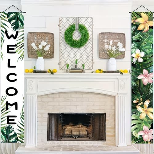 BlissYard 2pcs Welcome Summer Door Banner Hawaiian Porch Banners Sign Summer Sunshine Hibiscus Floral Front Door Hanging Decor Banner for Seasonal Home Hawaii Tropical Party Outdoor Decorations - Image 3