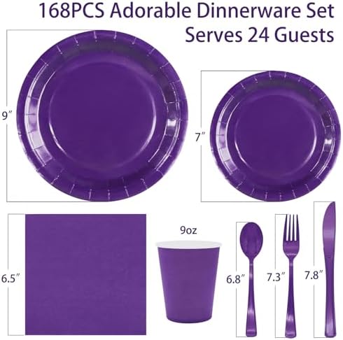 Purple Paper Plates Party Supplies,168pcs Purple Plates and Cups and Napkins Set for Mardi Gras Birthday Decorations Disposable Dinnerware Sets for Girls Birthday, Wedding,Halloween Serve 24 - Image 2