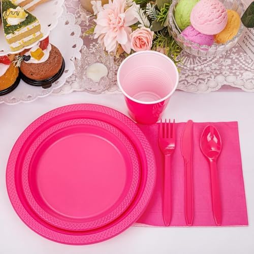 WELLIFE 210Pcs Hot Pink Plastic Plates, Pink Disposable Plates for Party - Image 5