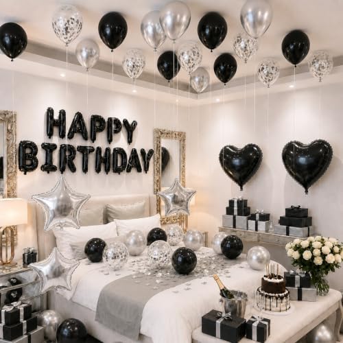 Black and Silver Birthday Decorations with Black Silver Balloons for Men - Image 4