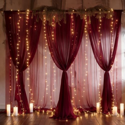 Shillance 20ft x 10ft Burgundy Backdrop Curtain with Lights String for Parties, Sheer Tulle Wedding Photo Backdrops Drapes for Baby Shower Birthday Party Decorations Background for Photography - Image 3