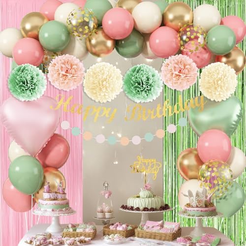 Jobkoo Sage Green Pink Birthday Decorations, Blush Pink Olive Green Gold Sand White Latex Confetti Balloons Boho Happy Birthday Banner Fringe Curtain Pompom for Women Girls Woodland Fairy Party Decor - Image 7