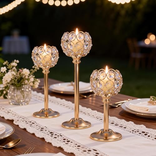 Gold Crystal Candle Holders Candlestick Holders - 2 Sets Tall Bling Bowl Candelabra Centerpieces for Dining Table, Wedding, Party & Fireplace Mantel Decor,6Pcs - Image 3