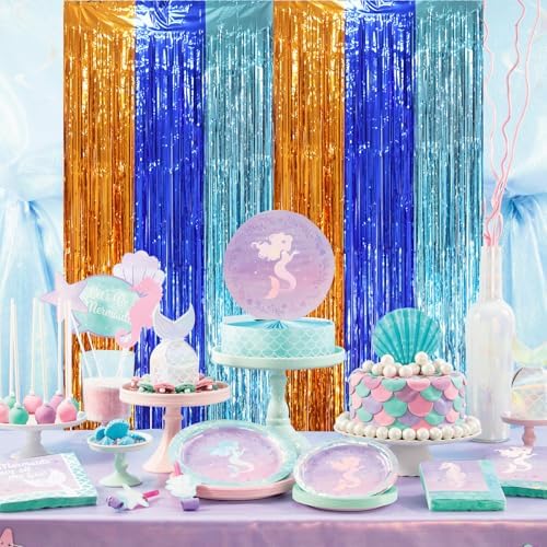 Voircoloria Blue Orange Foil Fringe Backdrop Curtains,3.3x8.2ft, 3 Pack - Image 5