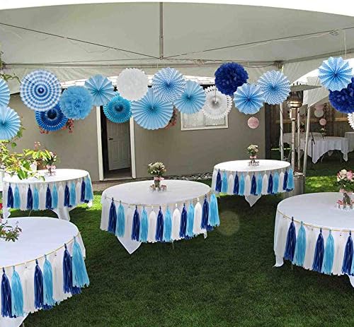 34 Pcs Blue Party Decorations, Paper Fans Pom Poms Tassel Garland 8-16 in - Image 4