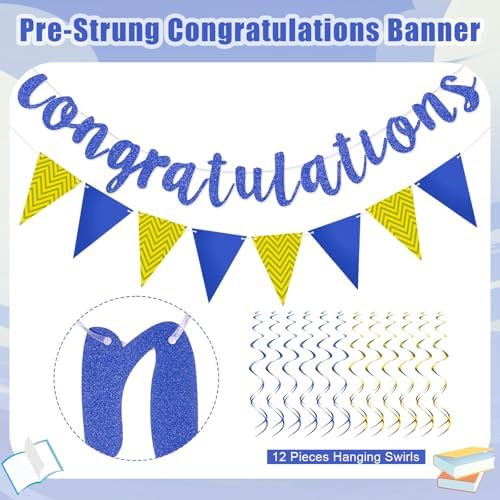 Outus Congratulations Banner with Triangle Flag 12 Swirls,Blue, Gold - Image 2