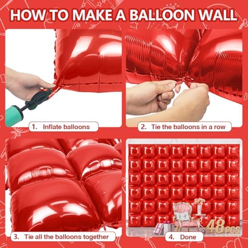 NISOCY 48PCS Metallic Red Square Foil Balloons Wall Backdrop - Image 4