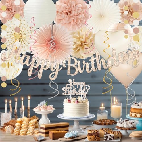 Champagne-Gold Beige Fall Boho Birthday Party Decorations 62pcs Happy Birthday Banner, Peach White Paper Lanterns, Streamers, Tissue Pom Poms, Blush Beige Boho Party Balloons, Rustic Backdrop Decor - Image 6