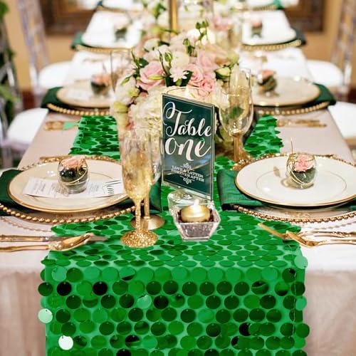 Pufogu 12 x 108 Inch Sequin Table Runner,Grass Green Glitter Premium Big Sequin Table Runner, Rectangle Table Runners for Halloween, Christmas, Wedding Party, Birthday Party, Banquet Decor (1 Pack). - Image 2