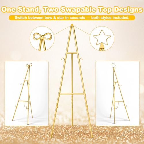 Interchangeable Bow & Star Top Gold Easel Stand for Sign, 62"–47" Height Adjustable Heavy Duty Wedding Easel Stand with 3 Display Modes — Perfect for Welcome Signs, Christmas Decor, Parties & Events - Image 2