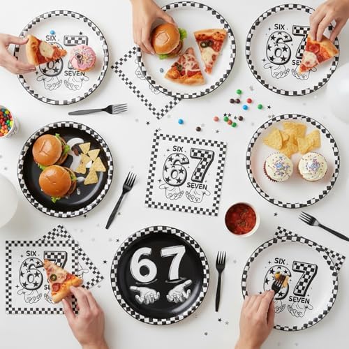 6 7 Birthday Decorations - 96 Pcs 6 7 Birthday Theme Party Plates Napkins Forks Tableware Set Decor, Black 67 Meme Party Dinnerware Supplies for Teens Adults Serves 24 - Image 6