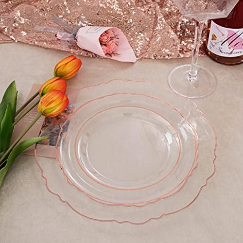 Liacere 150PCS Rose Gold Plastic Plates - Clear Rose Gold Disposable Plates with Glitter Bamboo Handle Cutlery - 60 Baroque Elegant Plates, 30 Forks, 30 Spoons, 30 Knives for Wedding ＆ Party & Summer - Image 5