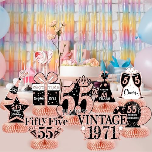 9Pcs 55th Birthday Decorations Honeycomb Centerpieces for Women, Rose Gold Pink Happy 55th Birthday Centerpieces Tables Toppers Party Decorations Supplies, Vintage 1971 Aged Table Sign Decor - Image 4