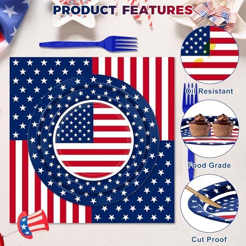 122 PCS American Flag Paper Plates and Napkins, Patriotic Party Tableware - Image 3