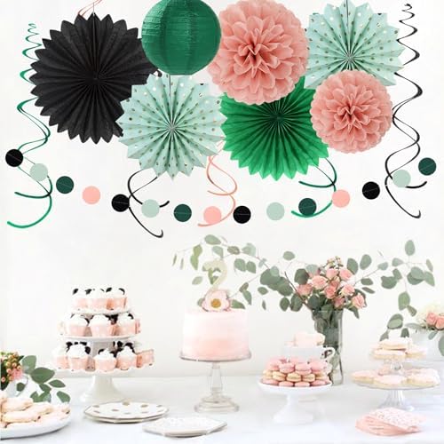 Sage-Green Blush-Pink Black Birthday Party-decorations - 21pcs Girls Woman Happy Banner Garland, Paper Streamers Lanterns,Flower Tissue Pom Poms Fan Supplies,Wall Backdrop Decor Huglony - Image 6